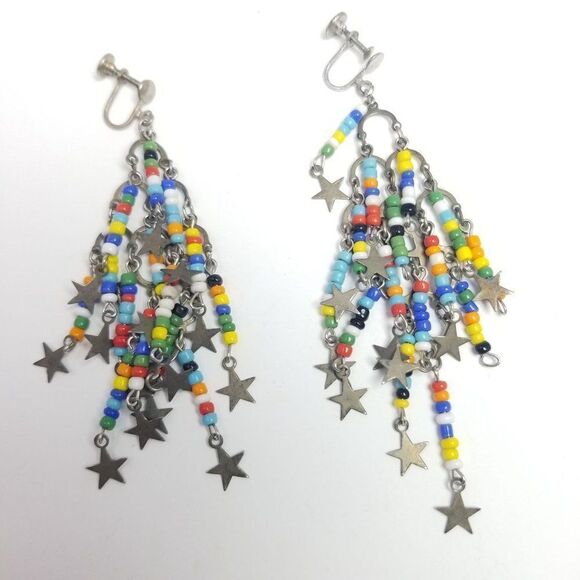 Vintage Colroful Beaded Fringe Dangle Clip On Earrings with Star Charms, Funky - Picture 2 of 5